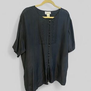 Adrian Jordan 100 silk tunic top navy blue preppy nautical size 18/20 embroidery